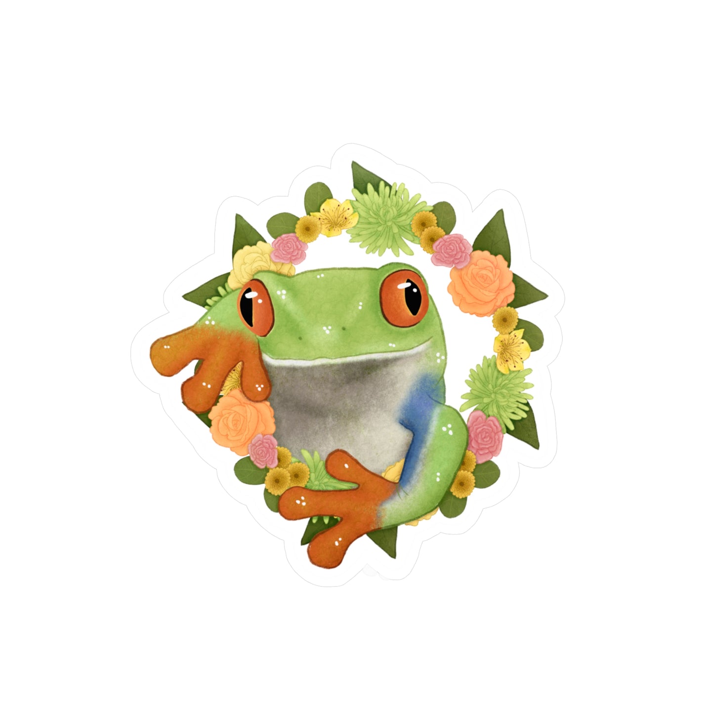 Green Orange and Pink Flower Frog Kiss-Cut Vinyl Decals