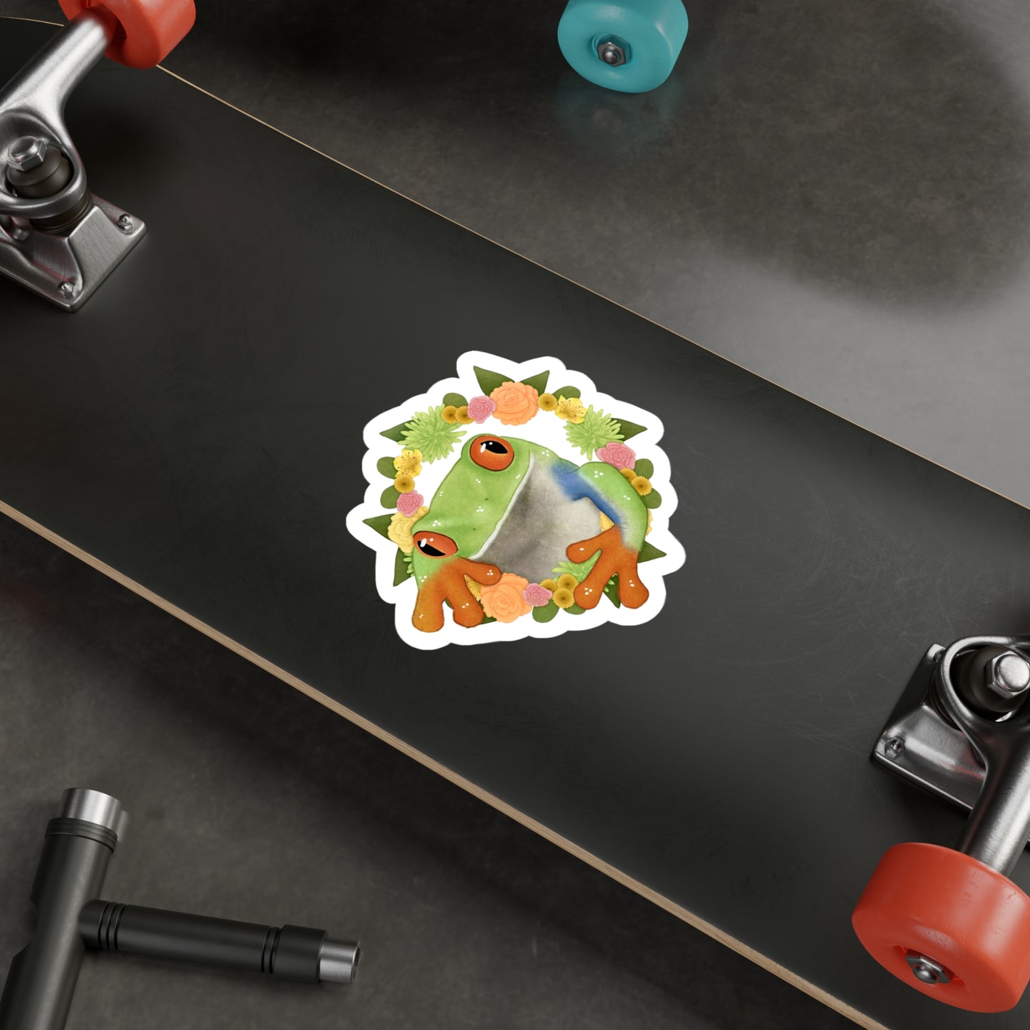 Green Orange and Pink Flower Frog Kiss-Cut Vinyl Decals