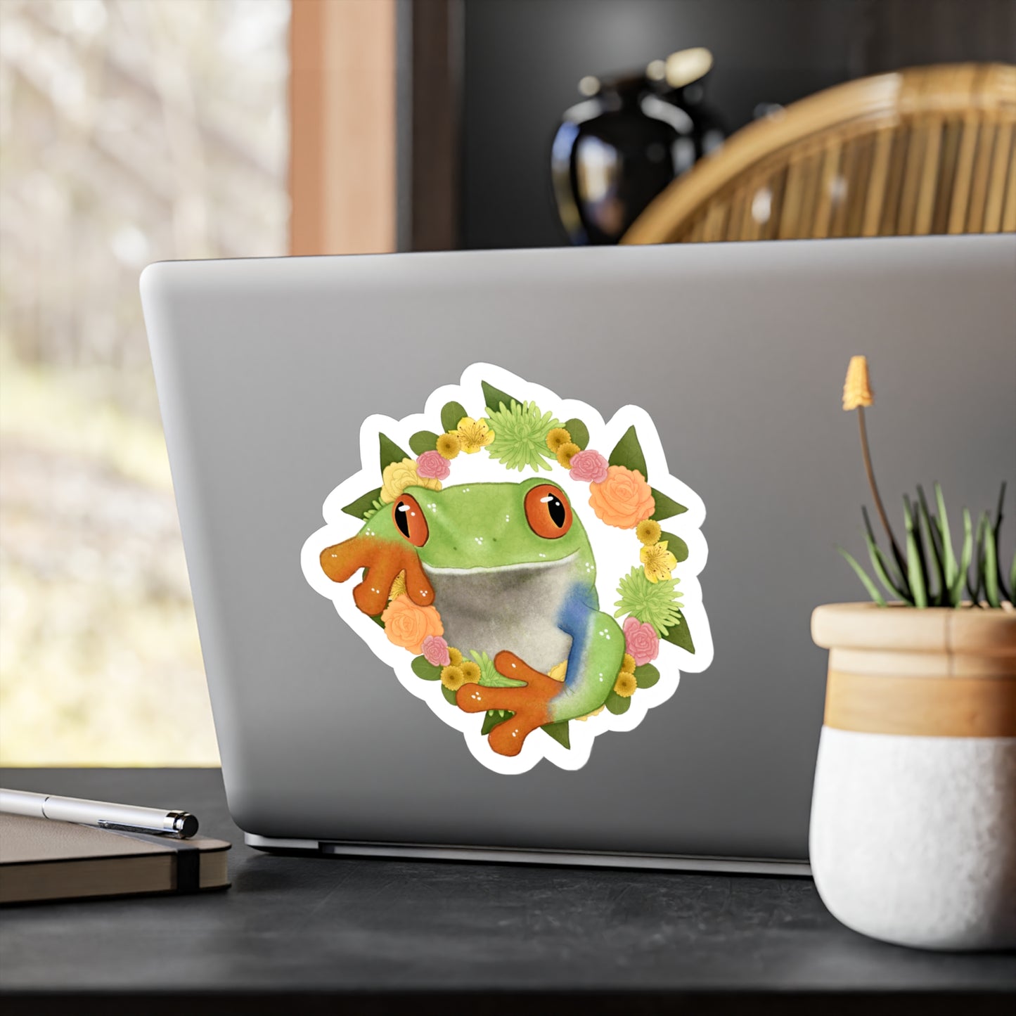 Green Orange and Pink Flower Frog Kiss-Cut Vinyl Decals