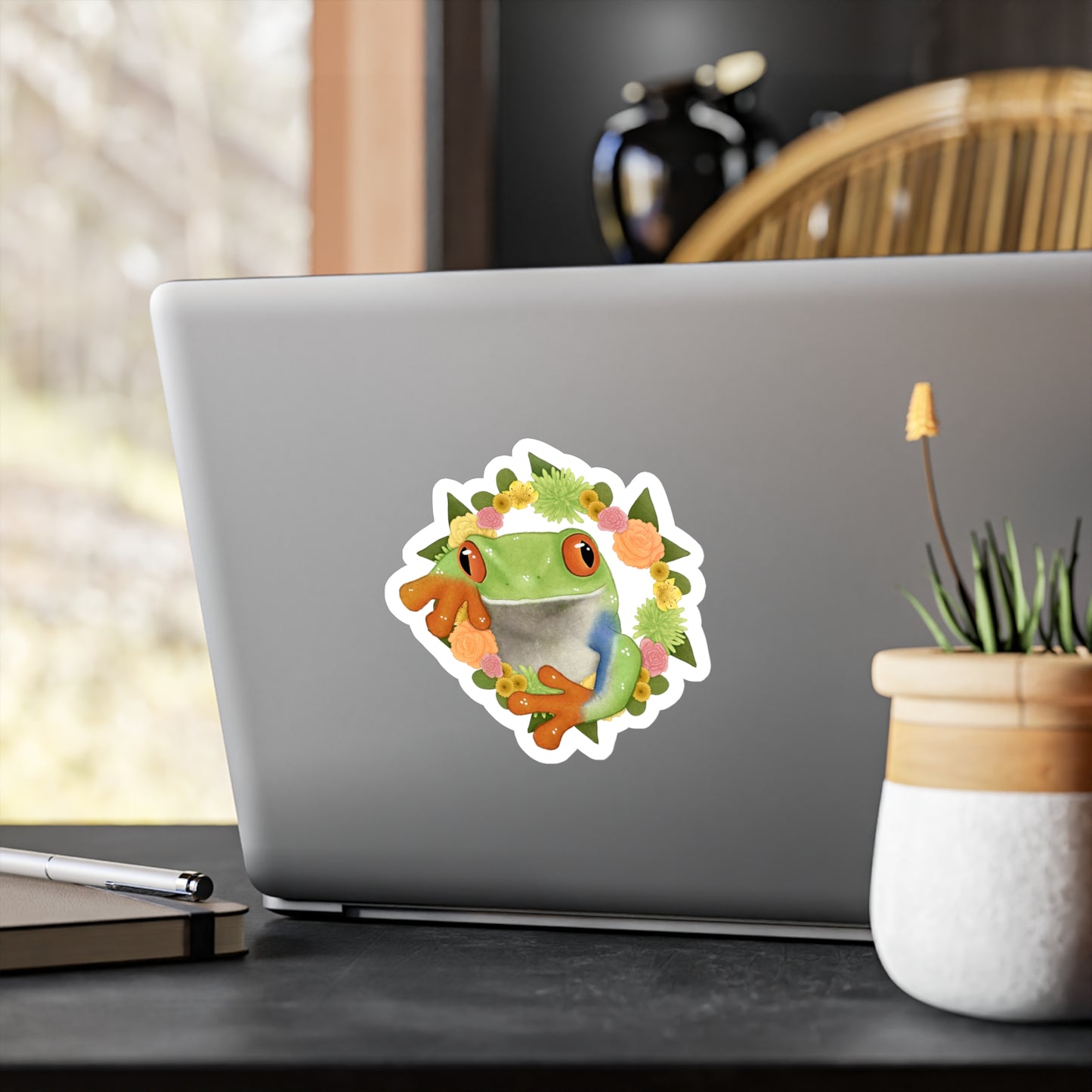 Green Orange and Pink Flower Frog Kiss-Cut Vinyl Decals